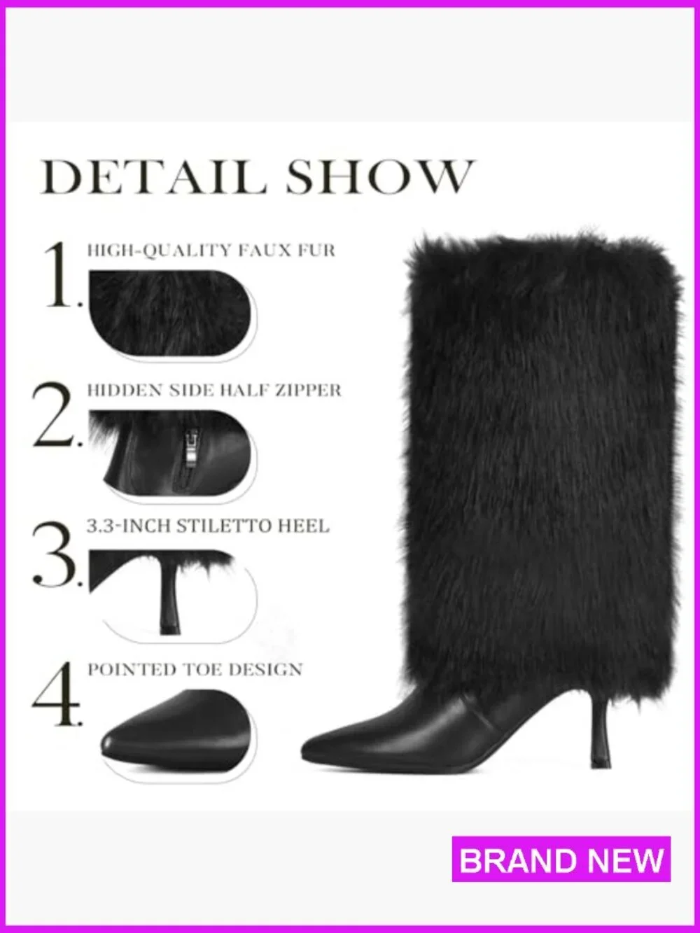 Faux Fur Fold Over Mid Calf Kitten Heel Boots with Side Zipper